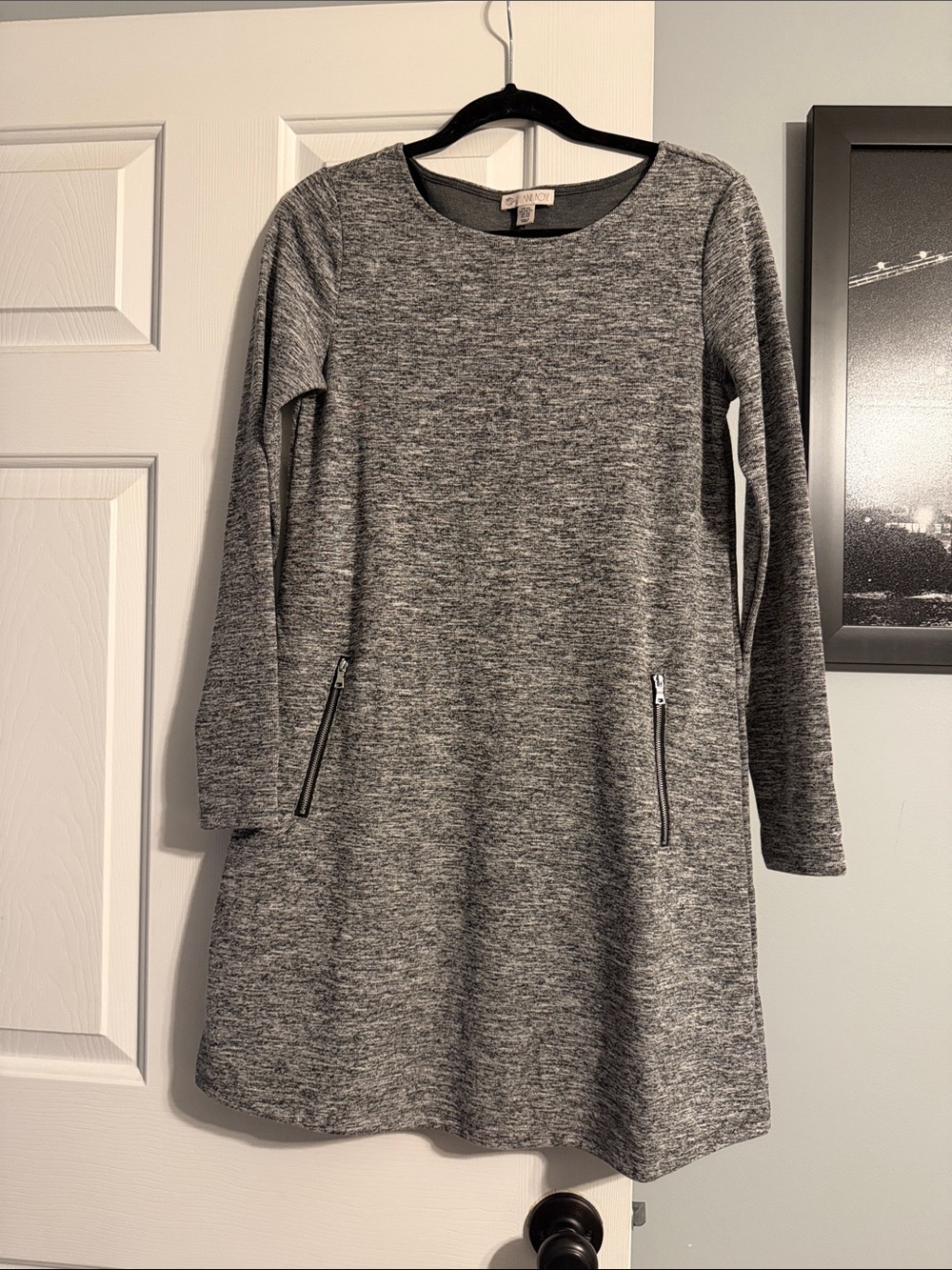 Gray Long Sleeve Knit Dress with Zip Pockets